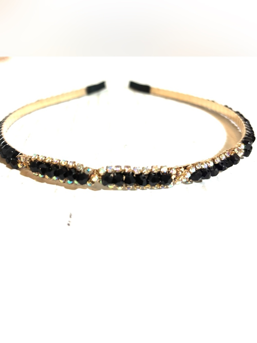 Gold Crystal Headband with Black and Clear Stones